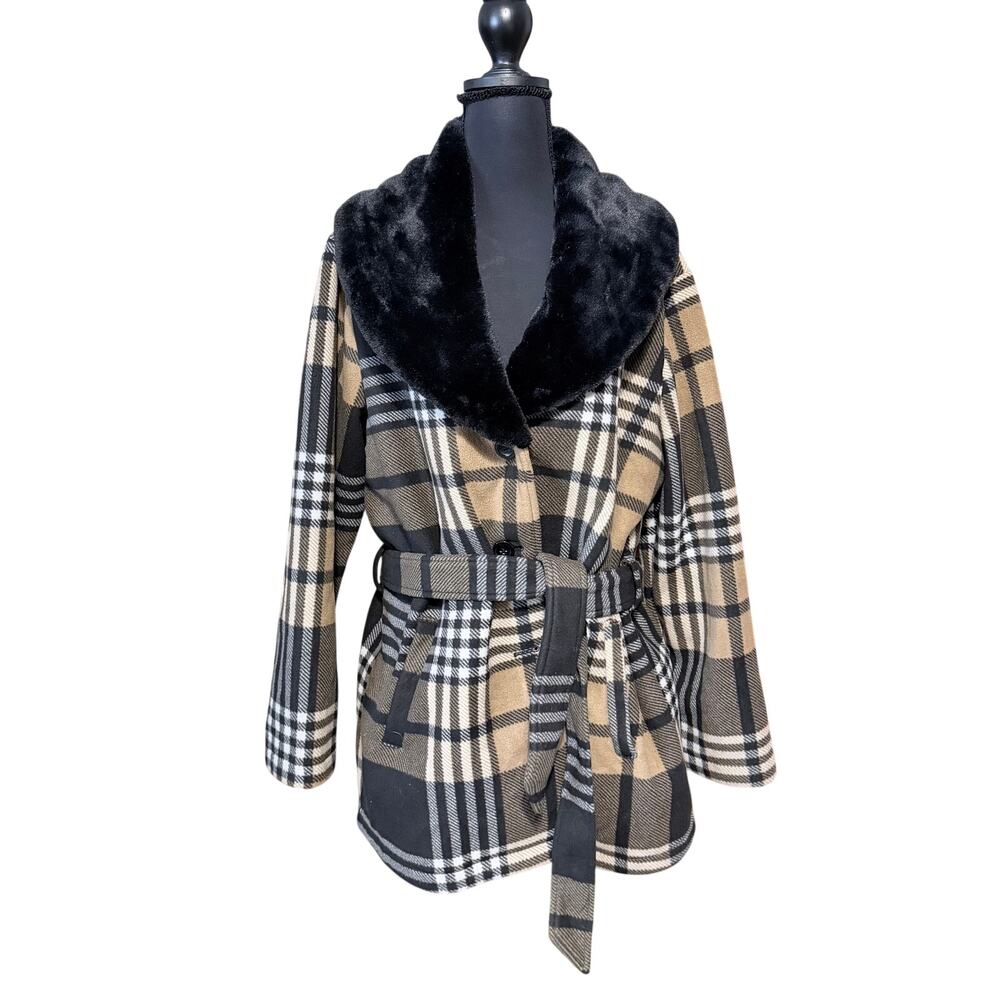 Ellen Reyes woman plus size tan black plaid coat button front belted faux fur 1X